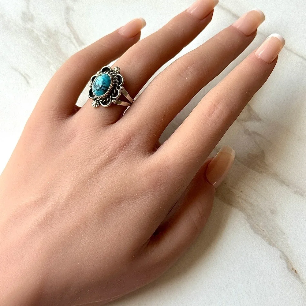 Navajo Flower Ring Turquoise Sz 8 Sterling Silver Signed Morgan Native Amer